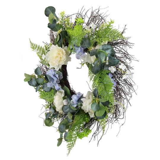 24" White & Blue Peony, Geranium & Eucalyptus Artificial Twig Spring Wreath